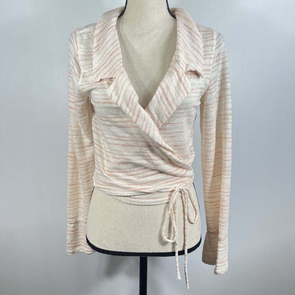 Free People Eloise Wrap Top Size M Tie Cropped Long Sleeve Striped Cotton Blend - Picture 2 of 10